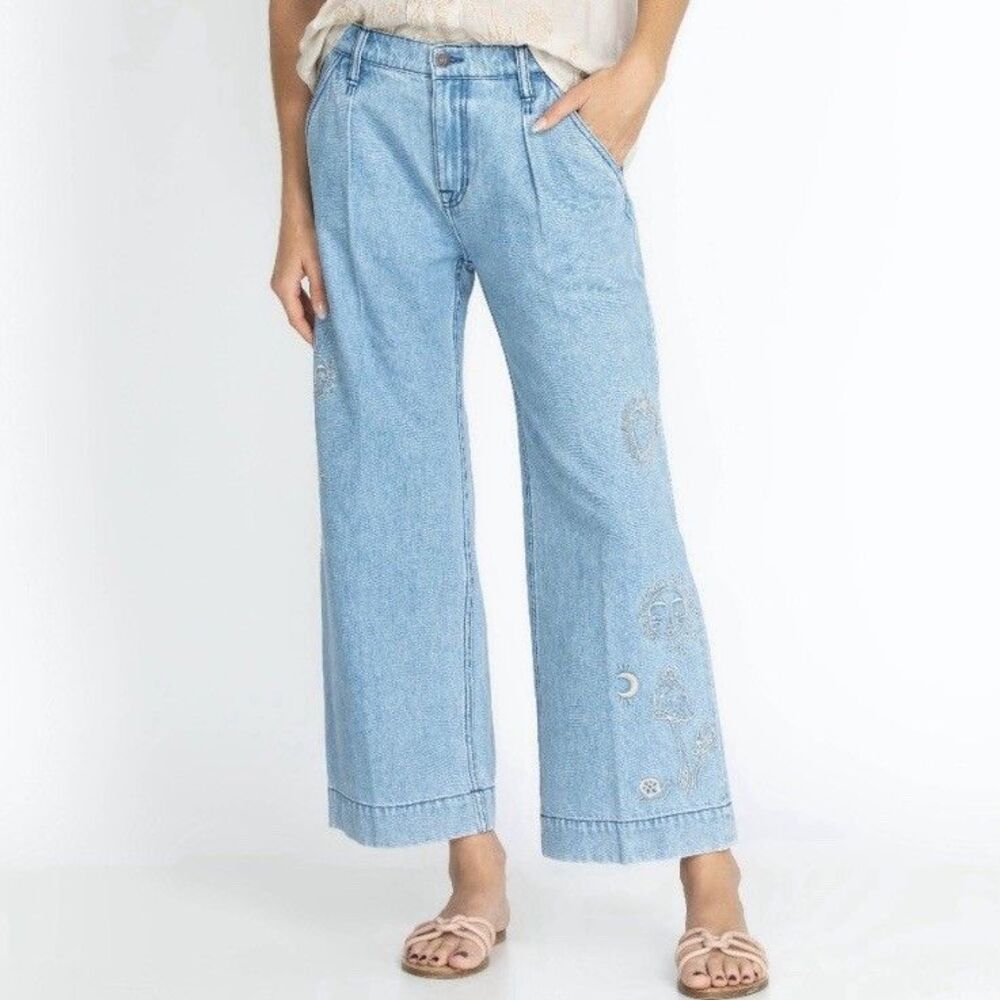 Johnny Was Noah Pleated Trouser Embroidered Celestial Wide Leg Jeans Women’s 25